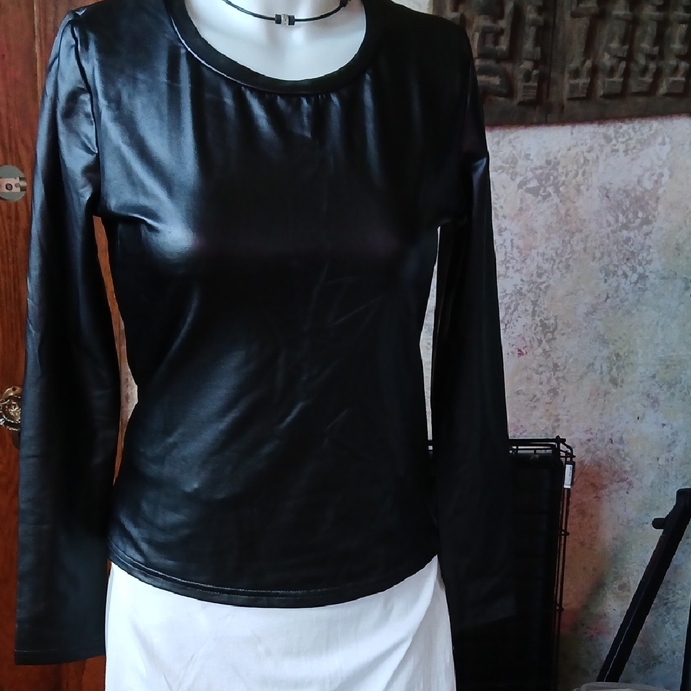 Black Long-Sleeve Faux Leather Top - Women